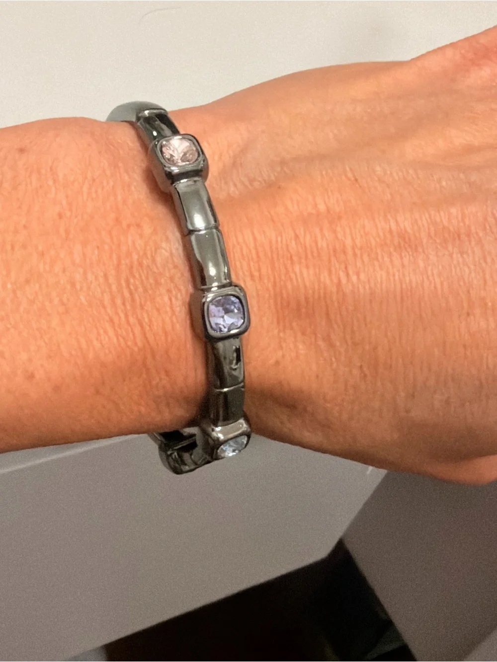 Gunmetal Multi-Stone Bangle Bracelet with Blue, Purple and Lime Accents